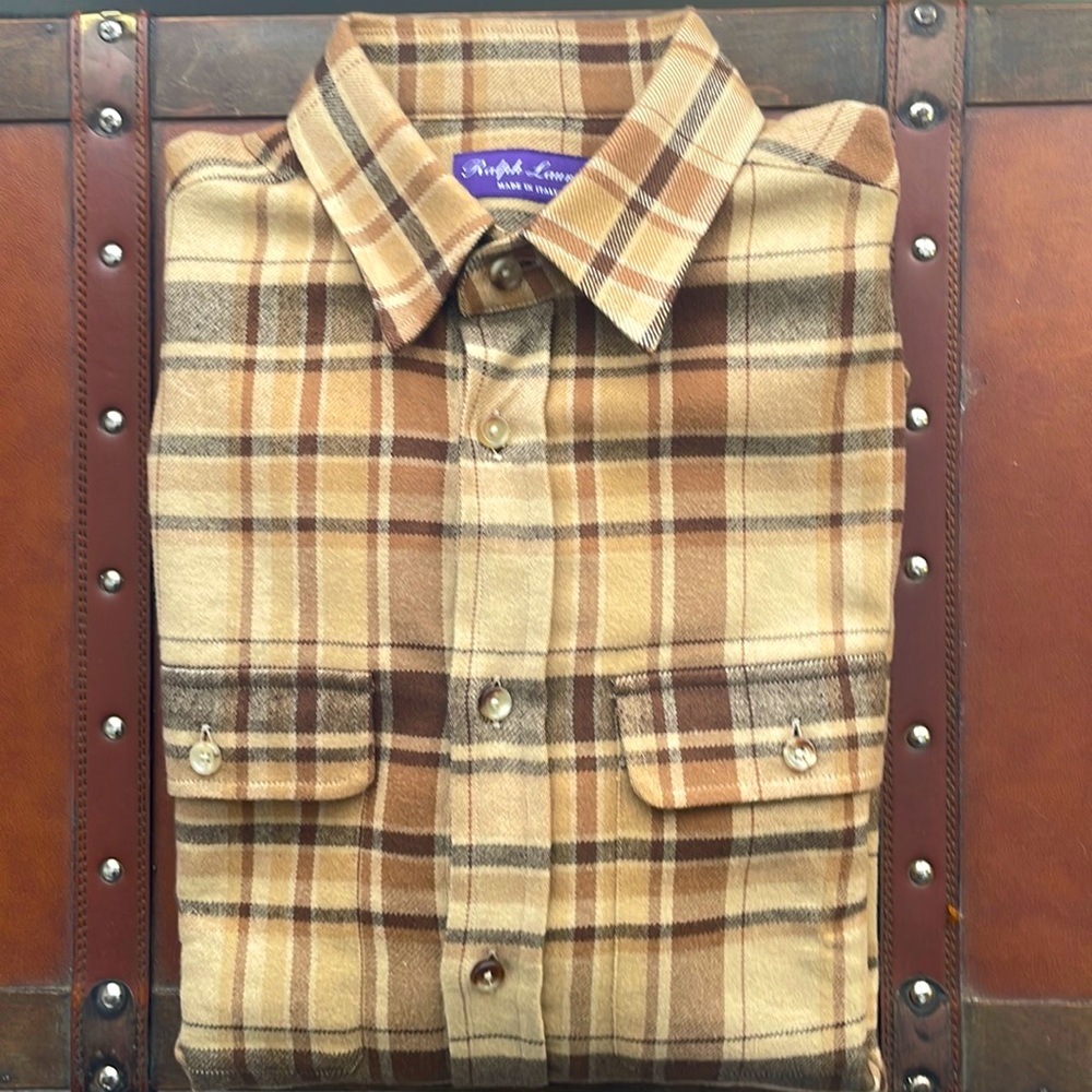 Ralph Lauren Purple Label Tan and Brown Plaid Flannel Shirt
